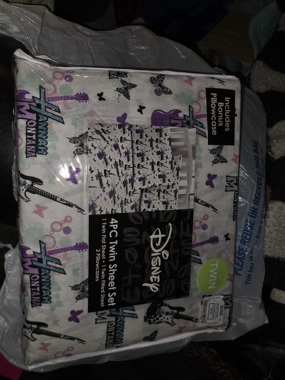 Disney Hannah Montana Twin Sheet Set - Purple, Teal, Black Guitar Print